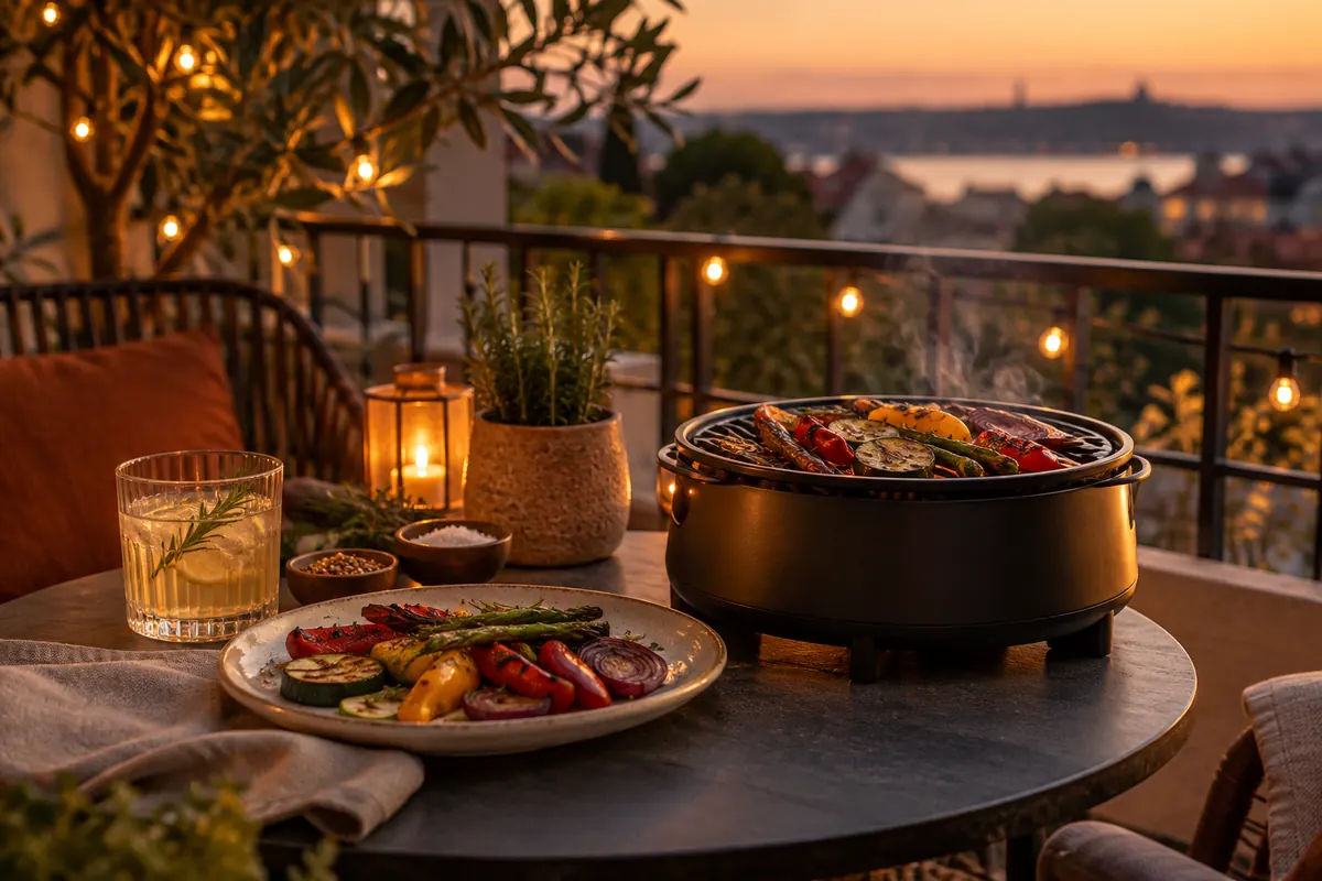 Table de balcon avec un barbecue de table, une assiette de légumes grillés, un verre et des guirlandes lumineuses